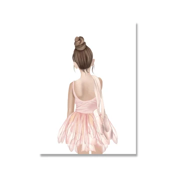 Розова рокля с принтом, картина в скандинавски стил, декорация за деца, украса на стаята и балерина за момичета, Детски кът, монтиране на изкуството, платно, плакат
