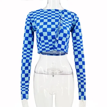 Секси Однобортный съкратен топ с дълъг ръкав отстрани, есенно-зимна градинска облекло 2022 г., модни синя риза в клетка за жени, блузи, тениски Y2K