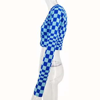Секси Однобортный съкратен топ с дълъг ръкав отстрани, есенно-зимна градинска облекло 2022 г., модни синя риза в клетка за жени, блузи, тениски Y2K