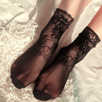 Флорални Дантелени Чорапи Дамски Секси Отворени, Прозрачни Черни Чорапи Дамски Официални Чорапи За Партита Мрежести Чорапи Летни