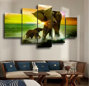 Слон, крава, теле, плещущийся в морската вода по залез слънце, 5 панели, печат върху платно, стенно изкуство, HD Печат на снимки, плакат, начало декор, без рамка